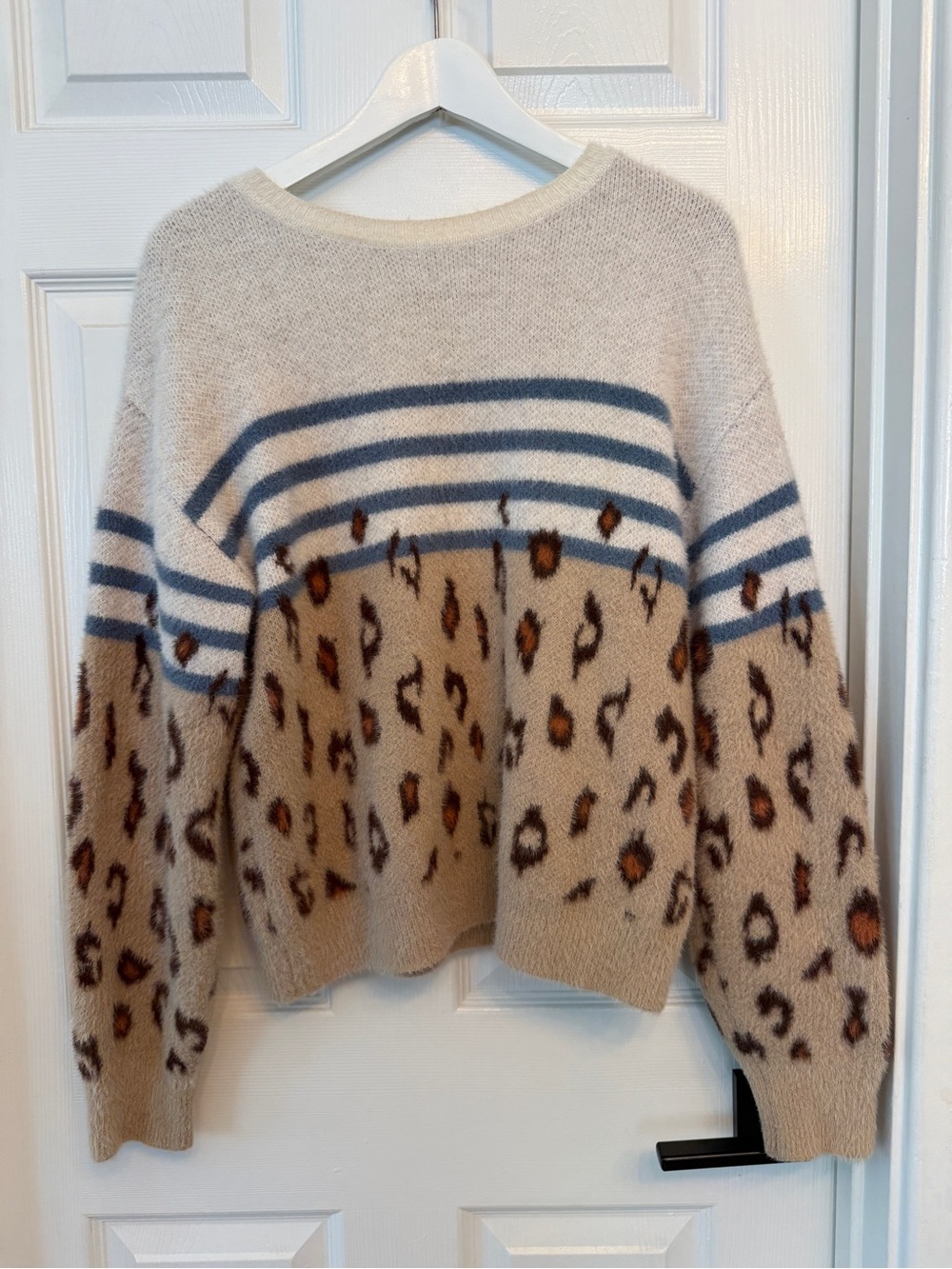 cupcakes & cashmere Beige Leopard-Print Sweater with Blue Stripes